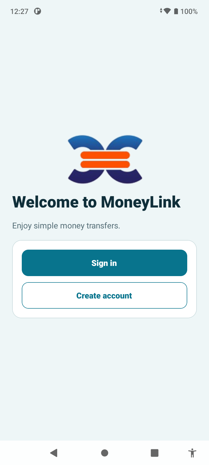 MoneyLink welcome screen on Moto e40, with Sign in and Create account